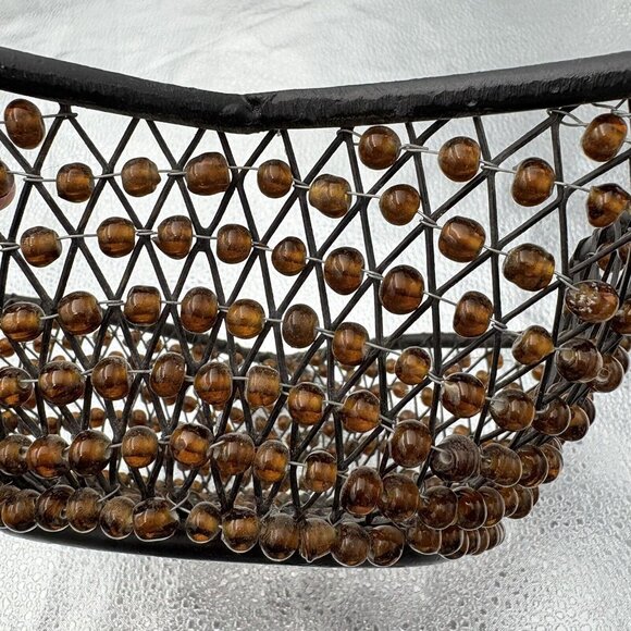 Christmas Star Basket Black Metal Wire Brown Beaded Bread Bowl Centerpiece Boho - Picture 3 of 9
